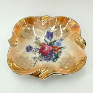 Vintage Japanese Lusterware Floral Ashtray Gold Iridescent Trinket Dish 1950s